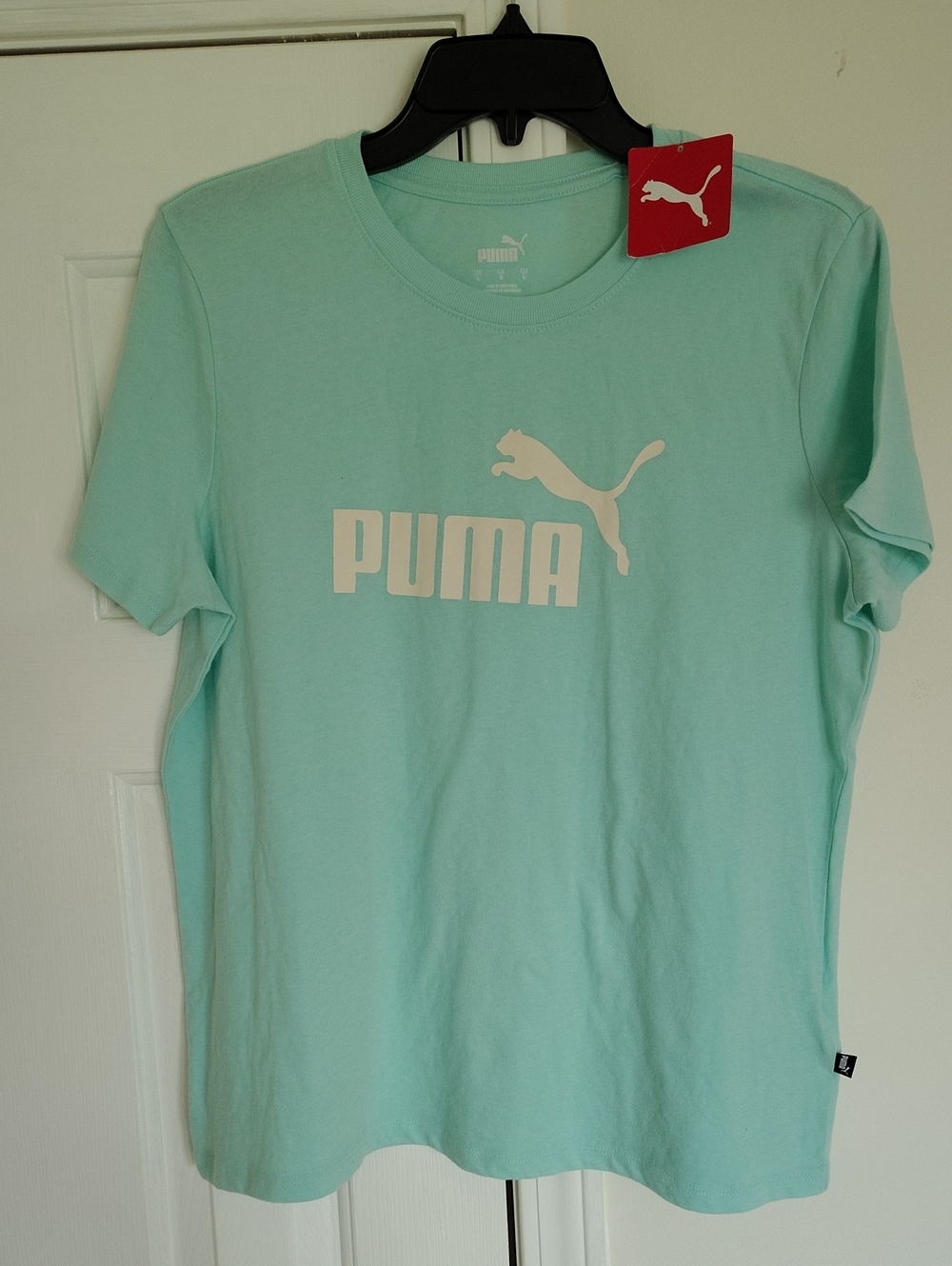 Puma Women Short Sleeve Tee in Light Aqua with White Logo